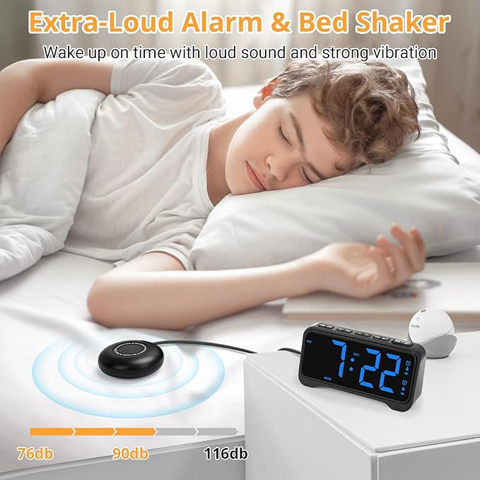 Loud Alarm Clock for Heavy Sleepers Adults, Vibrating Bed Shaker Alarm Clock for Teens/Deaf People, 7.5" Large Screen Digital Alarm Clock, Dual Alarm, Nightlight, Brightness Adjustable, Bedroom, Dorm