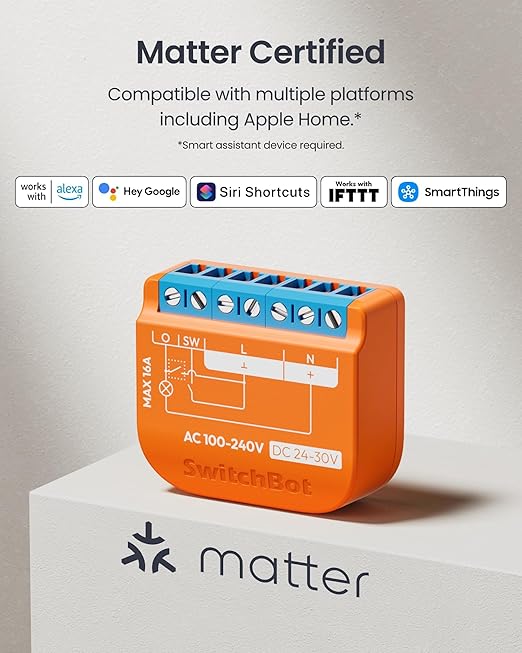 SwitchBot Matte Relay Switch 1PM, WiFi Switch Compatible with Alexa/Apple Home/Google Home, Power-Measuring Relay Switch Module with Integrated Bluetooth Repeater, Bluetooth & WiFi 2.4GHz, 16A