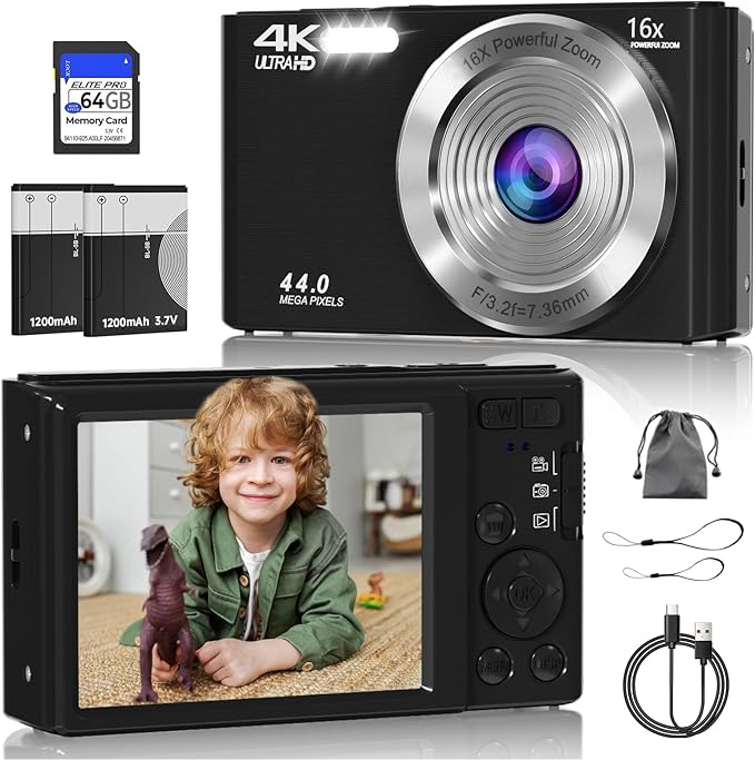 Digital Camera, FHD 4K 44MP Digital Camera, 16X Digital Zoom, Digital Point and by CEYE