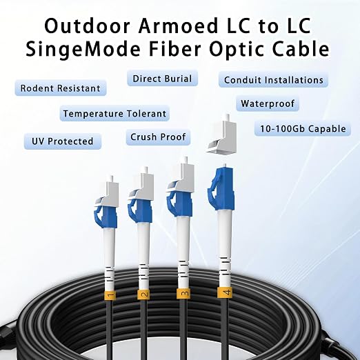 30M/98FT Outdoor Armored LC to LC Fiber Optic Cable, 4 Core OS2 Single Mode - Image 8