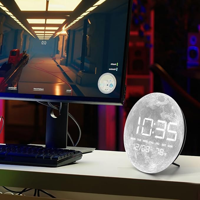 HOMLOVE Digital Desk Clock with Large LED Display, Moon Modern Date Temperature Clock [TYPC-in] for Shelf, Table, Mantel or Bedside, (Moon, 7.87 INCH)