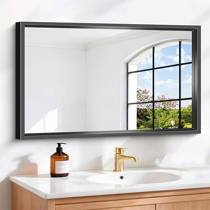 Bathroom Mirror, 40x24 Inch Brushed Black Rectangle Mirror, 0.6" Thickened Deep Metal Framed Vanity Mirrors for Bathroom Sink, Shatterproof Tempered Glass, Antirust, Horizontally or Vertically