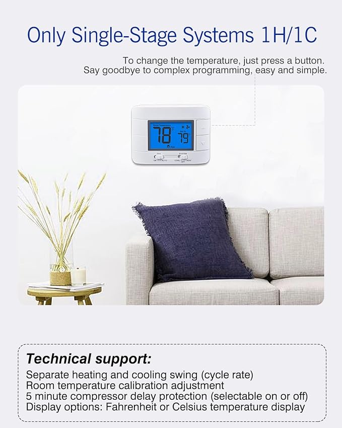 Aowel Non Programmable Thermostat for Home 1 Heat/ 1 Cool Single-Stage System, with Room Temperature Monitor (LCD Blue Backlit Screen)