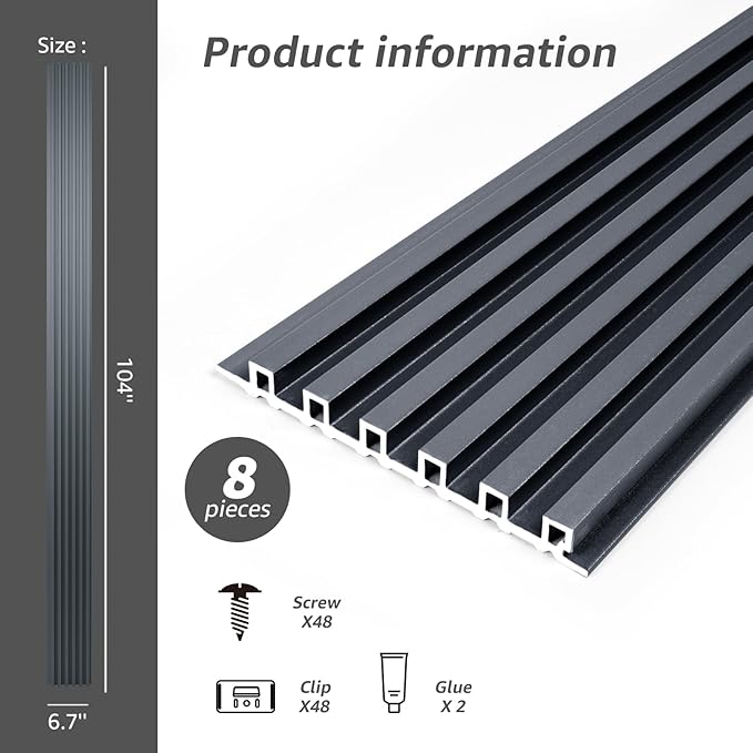 Art3dwallpanels Slat Wall Paneling, 104'' x 6.7'' Glossy Metal Finish WPC Soundproof 3D Wall Panels for Interior Wall Decor, 8 Pack Fluted Textured Panel Wall Slats, Metallic Silver Dark Gray