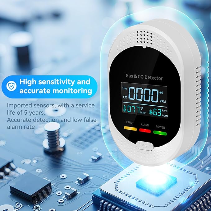 4-in-1 Carbon Monoxide & Natural Gas Detectors with Temperature/Humidity LCD Display, Plug in Co Leak Detector Propane Monitor for Home Travel RV Essentials, Sound Alarm Over 85dB, 1PCS