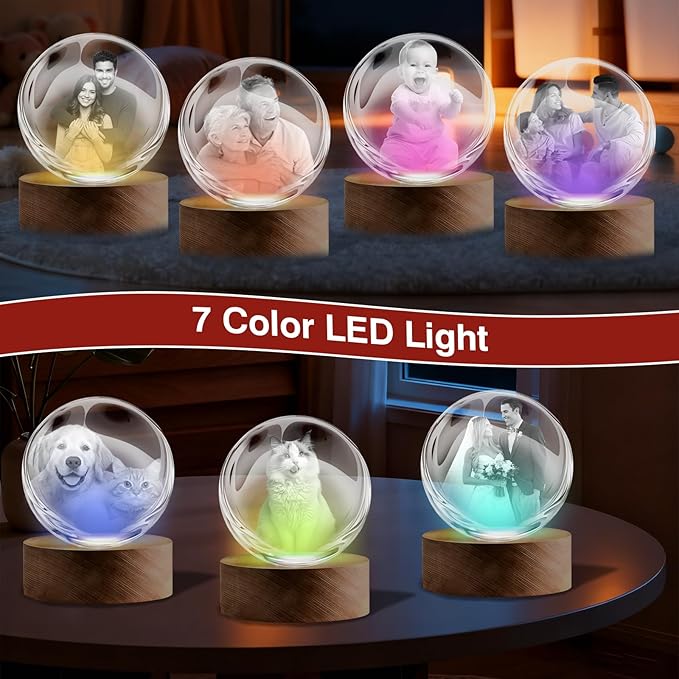 LOVEVEN Personalized 3D Crystal Ball Night Light - Custom Photo Snow Globe Lamp for Valentine‘s Day, Anniversary, Birthday - Memorial Keepsake Gift for Couples, Family, Pets
