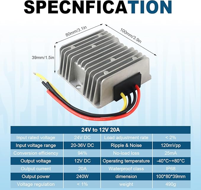 DC Buck Converter 24V 36V to 12V 20A 240W, Adjustable Voltage Regulator Module, High Efficiency Step Down Power Supply, Mini DC Converter for LED, Car, Battery, Solar System, Arduino (Input 20-36V)