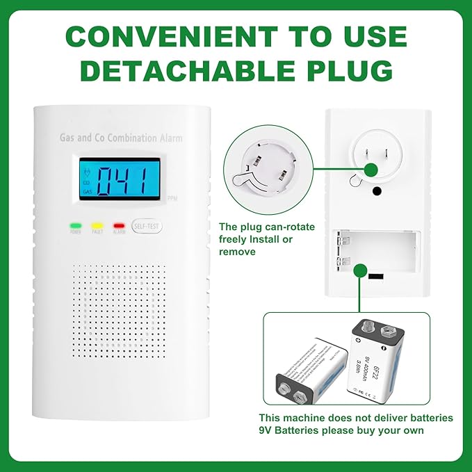 Combination Gas and Carbon Monoxide Detector Plug-in | CO Alarm & Natural Gas Combustible Detector | Digital Display, Battery Backup, Easy Install | for Home Kitchen Safety Monitoring 3-Pack