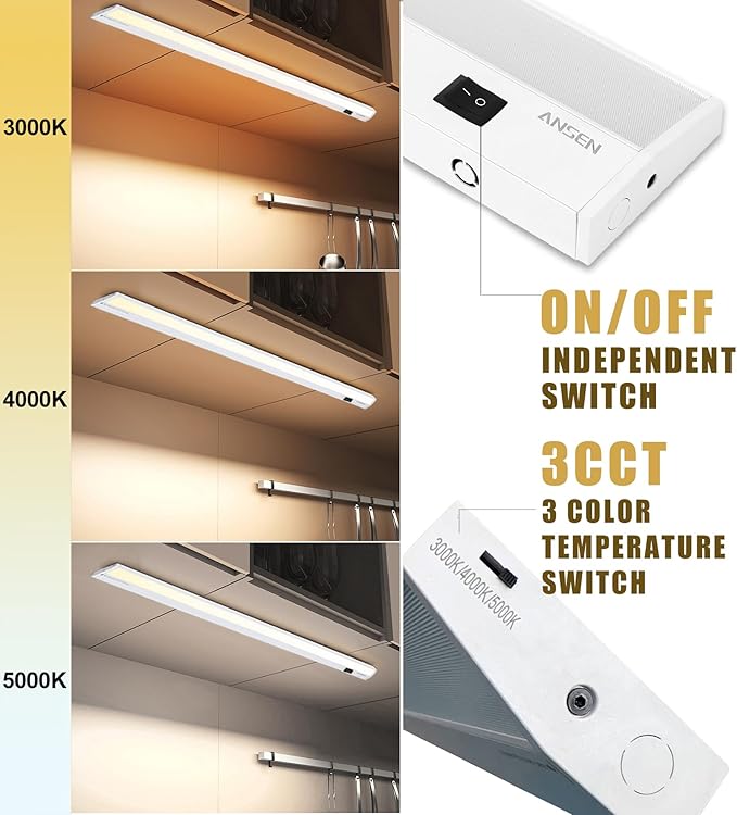 Ansen Hardwired Under Cabinet Lighting, 24in 18W LED Light for Kitchen/Closet, 1237lm, CRI>92, R9>90, 3 Color Temperature, Dimmable, 3000K/4000K/5000K(Warm White, Cool White, Daylight)