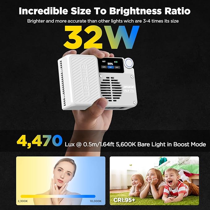 Amaran Ace 25c Pocket RGBWW LED Light, Boost Mode Up to 32W, Full-Color Mini Video Light (2,300-10,000K), 1,171 Lux@1m at 5,600K, 4500mAh Battery with PD Fast Charging for Mobile Creators (White)