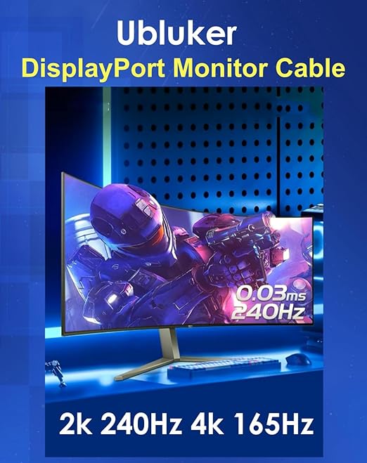Ubluker 10K 8K DisplayPort 2.1 Cable 54Gbps 6.6 FT, Certified DP to DP Cord 4K 240Hz 165Hz 144Hz 120Hz 10K 8K 120Hz Nylon Braided UHBR HDCP2.3 FreeSync G-Sync RTX5090 Gaming Monitor PC Projector