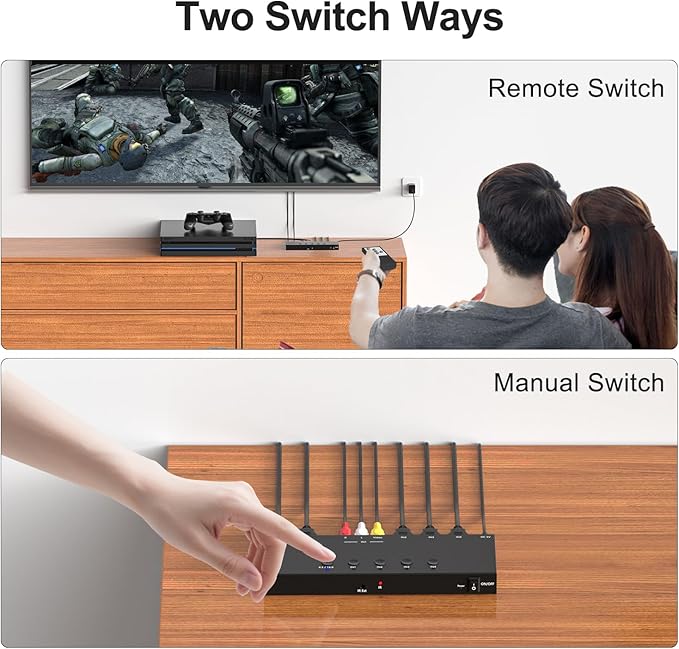 4 in 2 Out RCA/HDMI Switcher，3 Way HDMI 2.0 + 1 RCA Converter，4:3/16:9 & 2 Ports HDMI Output Support 4K and 3D for PS1/2/3/4/5, N64, SNES, Switch, DVD, Roku, etc.