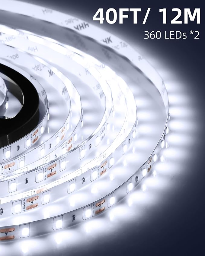 JNGMAIR 40ft LED Strip Lights with Remote, 6500K Daylight White Dimmable Tape Lights, 12V 720 LEDs 2835 Strong Adhesive Rope Lights for Cabinet Kitchen Ceiling Closet Vanity Mirror Stairway Basement