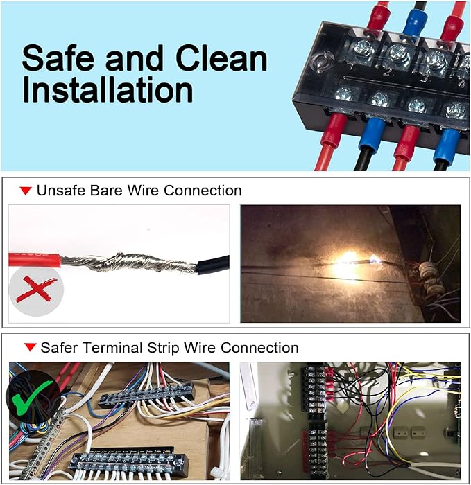 MILAPEAK Terminal Block and Strip - 6 Sets 8/10/12 Positions 600V 25A Dual Row Wire Screw Terminal Strip Block with Cover + 400V 25A Pre-Insulated Terminals Barrier Strips Jumpers (Black & Red)