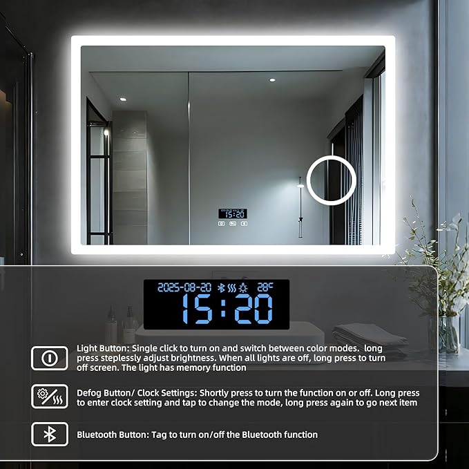LUVODI Bathroom Mirror LED Lighted: 40x24 inch Rectangle Makeup Vanity with Bluetooth Speaker, Time Display, Magnifier, Anti-Fog, Memory Function, 3 Color Temperature