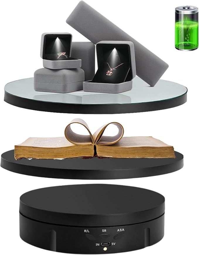 JAYEGT 3 in 1 Motorized Rotating Display Stand with 5.74/7.08/8.66 inch Replacement Mirror Cover， 22lbs Load , 360 Degree Electronic Turntable for Photography Products Shows, Jewelry (Mirror/3 in1 / Black/ NO Remote controller)