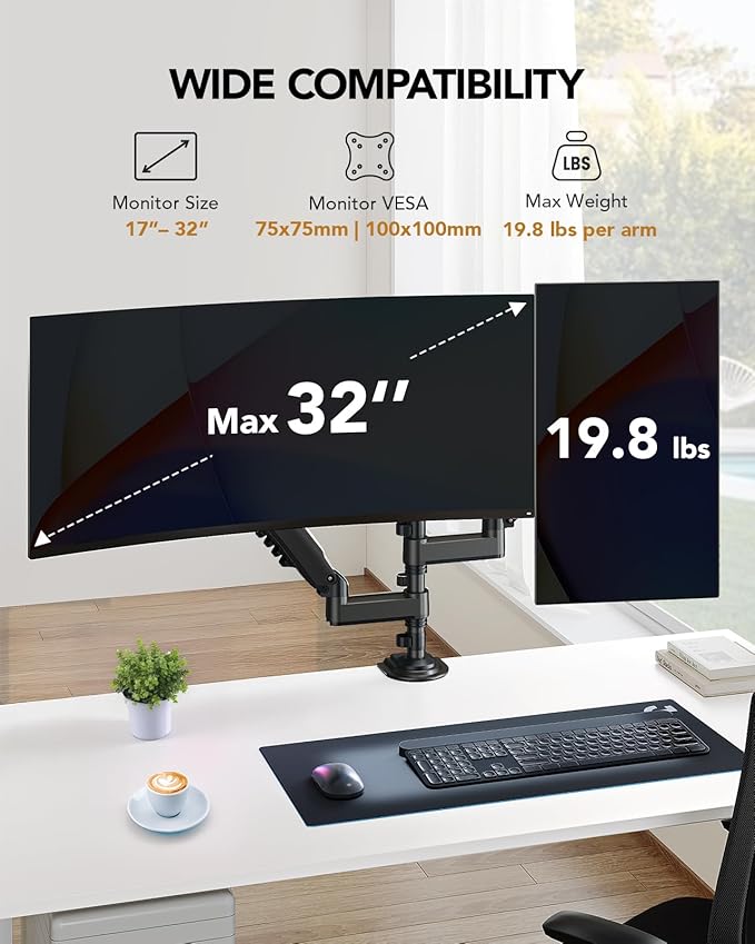 HUANUO 13-32 Inch Dual Monitor Stand, NITROGLIDE™ Dual Monitor Mount, Monitor Stand 2 Monitors, Ergonomic Adjustable Tilt/Swivel/Rotate, Weight Max 19.8 lbs, VESA 75/100mm