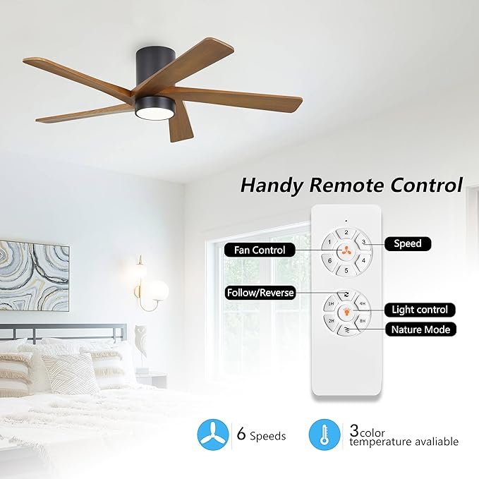 WINGBO 54 Inch Flush Mount DC Ceiling Fan with Lights and Remote, 5 Reversible Carved Wood Blades, 6-Speed Noiseless DC Motor, Hugger Ceiling Fan in Matte Black Finish with Walnut Blades, ETL Listed