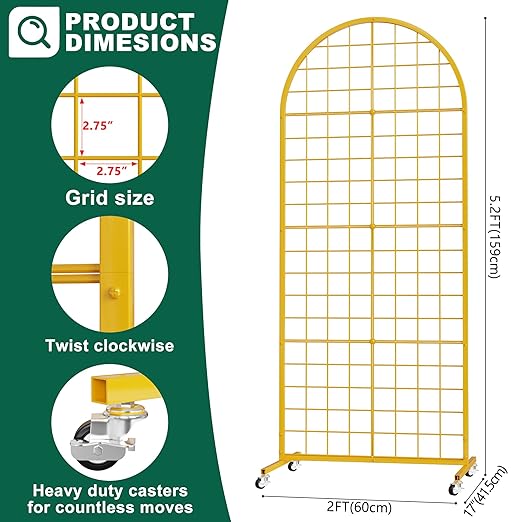 Asee'm Grid Wall Panels Display Stand 2' x 5.2' FT Gold Movable Wire Grid Wall Display Rack Heavy Floorstanding Detachable Girdwall Panel with T-Base for Craft Show Rack, Retail Displays 1PCS