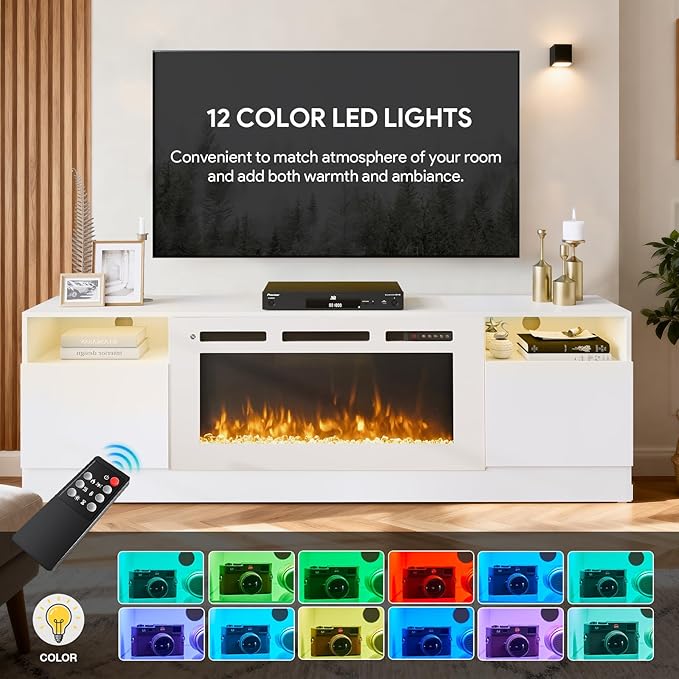 YISUFO 70" TV Stand with 36" Electric Fireplace, Large Modern Media Entertainment Center with Storage Cabinet and 12 Colors LED Lights for TVs Up to 80",All White