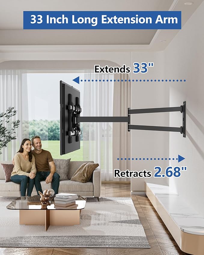 FORGING MOUNT Long Arm Corner TV Wall Mount for 32-75 inch TVs,Single Stud Full Motion Articulating TV Mount Bracket with 33” Extension, Swivel Tilt, Max VESA 600x400mm, Holds up to 100 lbs