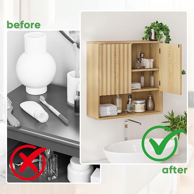 Smuxee Fluted Bathroom Cabinet Wall Mounted, Wooden Medicine Cabinet with Adjustable Shelf, Bathroom Cabinet for Bath Room, Living Room, Laundry Room