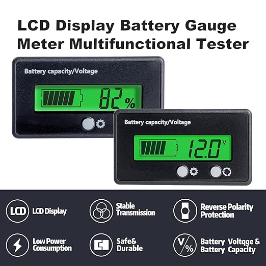 12V 24V 36V 48V Battery Capacity Indicator Golf Cart Voltage Meter with LCD Display Green Backlight, Waterproof Monitor Gauge Digital Voltmeter Testers for 3S-26S Lithium Battery&Lead-Acid Batteries