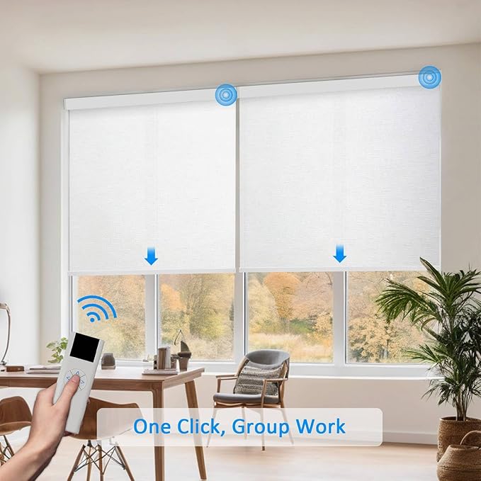 COOLWINDS Motorized Blinds with Remote Cordless Automatic Motorized Shades Custom Blinds for Windows Smart Curtains Compatible with Alexa Google Home(Light Filtering Jacquard White,W69 x H72in)