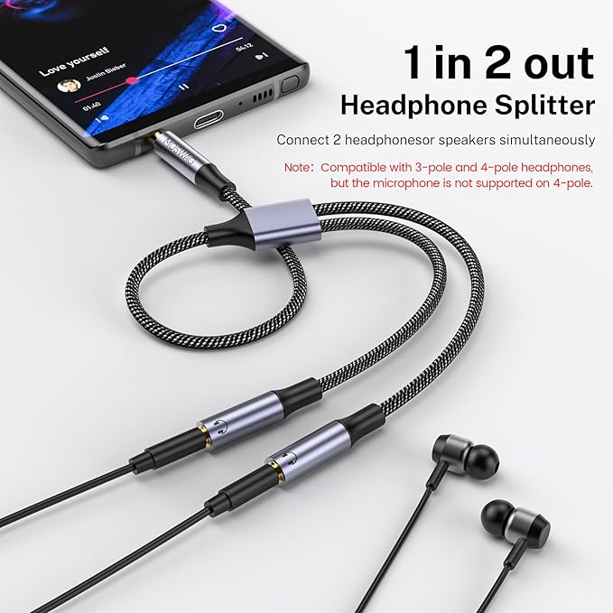 MOSWAG Headphone Splitter 3.5mm Stereo to Dual 3.5mm Female Headphone Jack Audio Stereo, Extension Cable Audio Y Splitter Compatible with iPhone Samsung iPad Tablet Laptop
