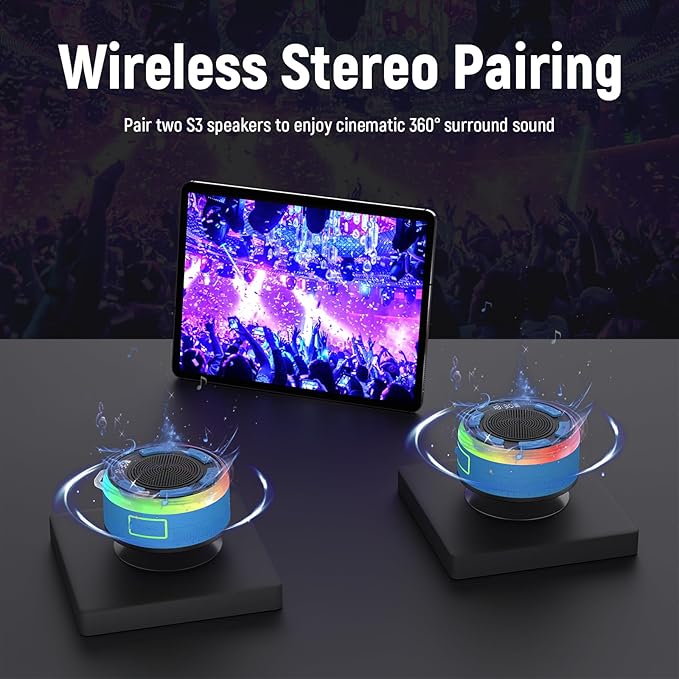 IPX7 Waterproof Shower Bluetooth Speaker, Portable Small Speaker with Suction Cup and Time Display, Loud Crystal Sound & Bass 10H Playtime 1100mAh, Wireless Shower Speakers for Pool, Beach Gift Blue