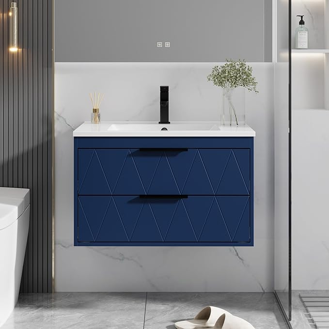 eclife 30" Bathroom Vanities Cabinet with Sink Combo, Wall Mounted Floating Cabinet W/Decor Line, Soft-Close System, 2 Extra Big Drawers, Matte Black Faucet, Navy Blue