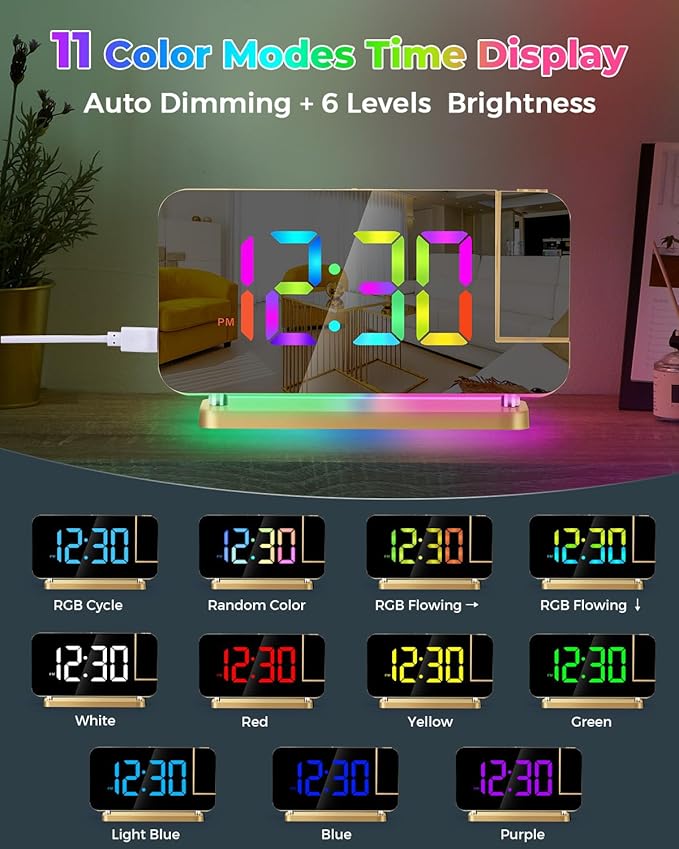 SZELAM Projection Alarm Clock,7.4" LED Mirror Digital Clocks Large Display,with 180° Rotatable Projector,RGB Night Light,USB C Port,Auto Dimmer, Loud Desk Clock for Heavy Sleeper Bedroom - Gold