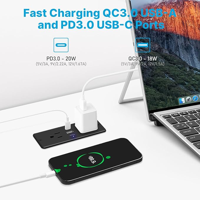 CCCEI Recessed Power Strip with Outlet and USB C Ports, Furniture Flush Mount Power Strip, Small Desk Hidden Outlet for Conference Table, Nightstand, Black, 6FT.