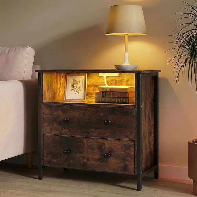 Tykacna 27 Inch Wide Night Stand, Large Wood Night Stand Set 2 with 2 Drawers, LED Nightstand with Charging Station and Adjustable Drawer, Bedside Table for Living Room/Bedroom/Study/Office, Retro.