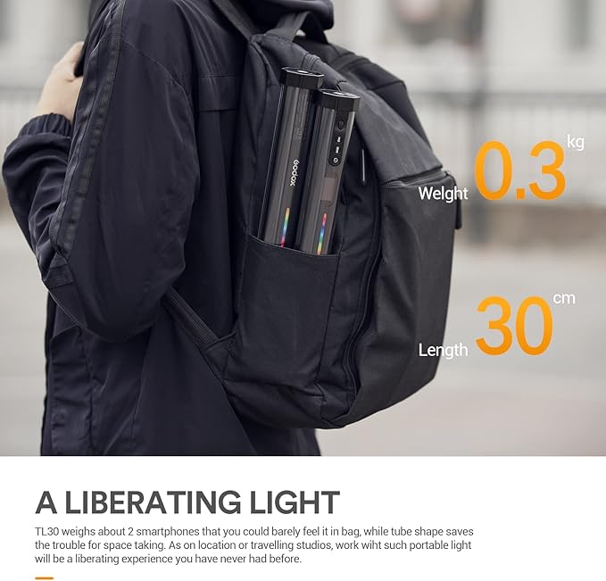 Godox TL30 RGB Tube Light, CRI 97+ TLCI 99+ Handheld Full Color LED Video Light Wand, 2700K-6500K Dimmable LED Light Stick, 37 FX Light Effects, 2900mAh Battery, Bluetooth APP Control