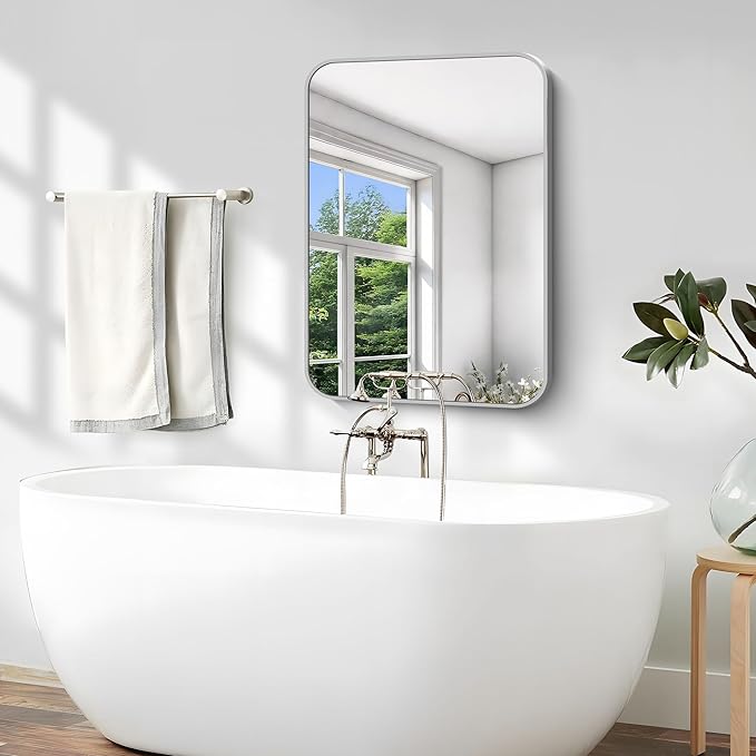 Silver Bathroom Mirror, 18 x 24 Inch Rectangle Mirrors for Wall, Rounded Corner Metal Framed Wall Mounted Mirror for Over Sinks Living Room Bedroom Entryway Hangs Horizontal/Vertical