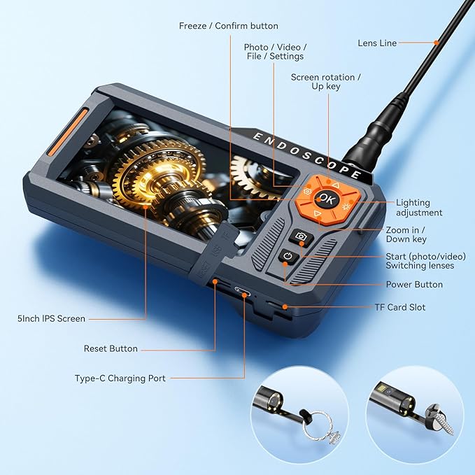 50FT Triple Lens 5" IPS Borescope Inspection Camera, Ginocaco 1080P Digital Video Endoscope with Light, Waterproof Scope Camera with Semi-Rigid Cable, Drain Pipe Tool, Carrying Case, 32G Card