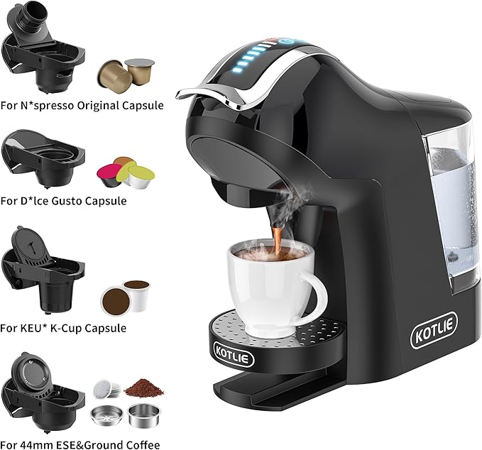 KOTLIE Single Cup Coffee Maker, Multi Capsule Machine Compatible With Various Capsule Types, 4 Temperature Settings, 7 Water Volume Levels,19 Bar(Glossy Black)