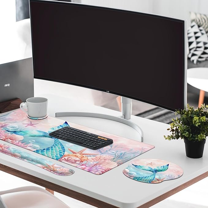 Britimes Pink Cute Deep Sea Mermaid Keyboard Mouse Pad Set 4in1 Large Mousepad+Keyboard Wrist Rest+Mouse Wrist Rest+Coaster Set with Ergonomic Design for Home Office Computer 35.4x15.7 inches