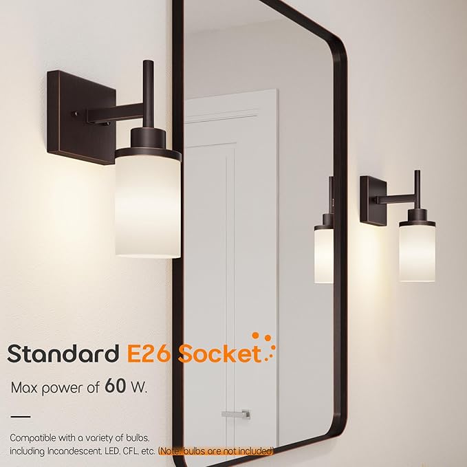AONEON Wall Lights Over Mirror Bathroom Vanity Light Fixtures with White Frosted Glass, Wall Sconce for Porch Hallway Entrance, Oil Rubbed Bronze T001ORB-L1