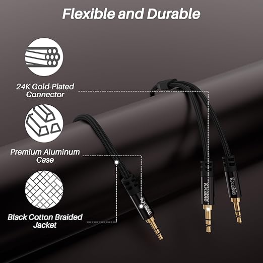 Kxable 1/8 Inch TRS Stereo Y Splitter Cable 2FT, 3.5mm Male to 2-Male Y-Splitter Stereo Audio Cable, for Cell Phone PC Laptop, Speaker, Headphones, Suitable for Switching or Two Sets of Speakers
