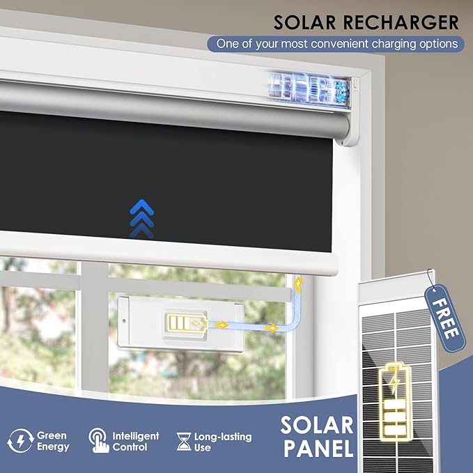 Motorized Roller Blinds with Remote Control & Solar Panel - 100% Blackout Smart Blinds, Automatic, Cordless, Electric Shades - Compatible with Alexa - Black, 34" W x 72" H