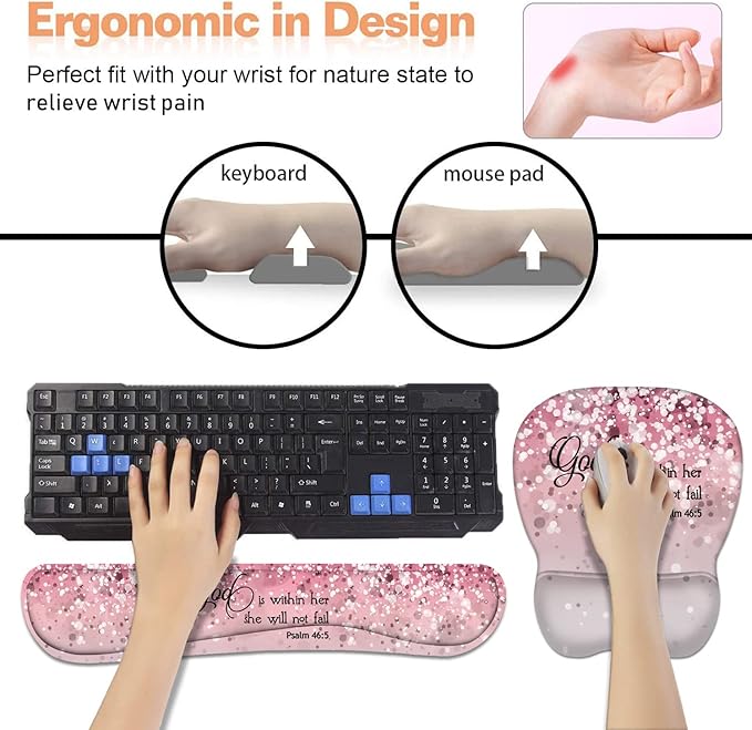 Ergonomic Mouse Pad Wrist Support and Keyboard Wrist Rest Set with Coasters, Non-Slip PU Base, Easy Typing & Pain Relief, Perfect for Home Office Working Studying, Quote Bible Verses Psalm 46:5