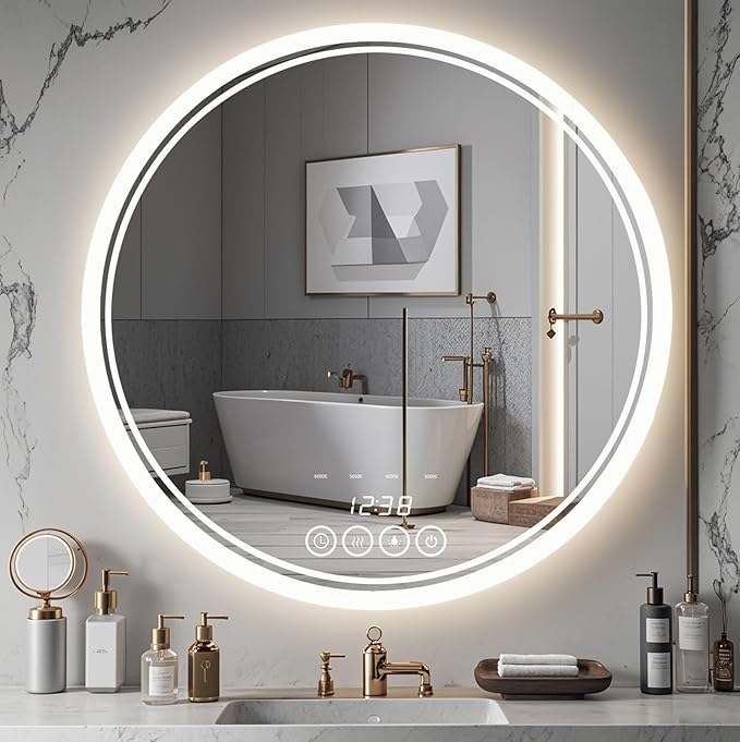 24 Inch Wall-Mounted Round Bathroom Mirror with LED-Lights - Vanity Mirrors (24" x 24",Frameless)