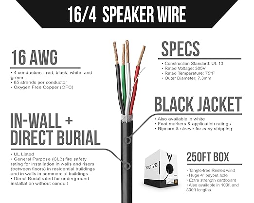 Voltive 16/4 Speaker Wire, in-Wall CL3 & Direct Burial, Black, 250ft - 16AWG, 4 Conductors, Stranded Oxygen-Free Copper, UL Listed - V-1211-3