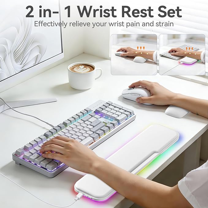 KONDOUND 2-in-1 Heated Wrist Rest Set, Ergonomic Memory Wrist Pad with RGB Lights and Non-Slip Base, Keyboard Mouse Wrist Rest for Computer Laptop Office Work and PC Gaming
