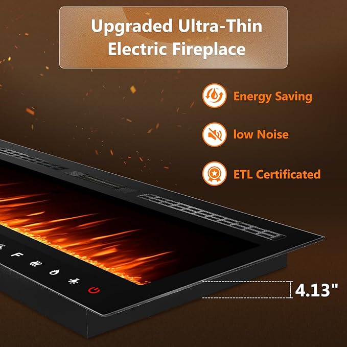 70 inch Ultra-Thin Electric Fireplace Recessed and Wall Mounted with Touch Screen Control Panel/Remote Control- Timer,Realistic 5 Flame - Log & Crystal Hearth Options