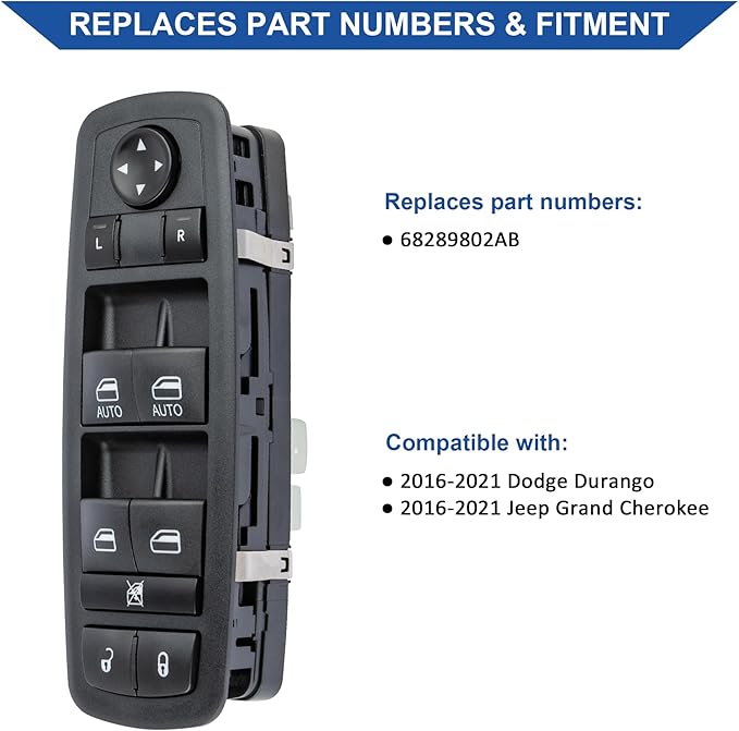 Obaee Master Power Window Switch Front Left Driver Side Compatible with Jeep Grand Cherokee Dodge Durango 2016 2017 2018 2019 2020 2021, Replace OEM 68289802AB