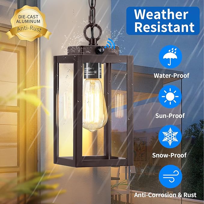 11'' Dusk to Dawn Outdoor Pendant Light, Modern Outside Chandelier Outdoor Hanging Lantern Light, Matte Brown with Clear Glass, Exterior Pendant Lighting Fixture for Porch, Yard, Gazebo, ORB (Small)