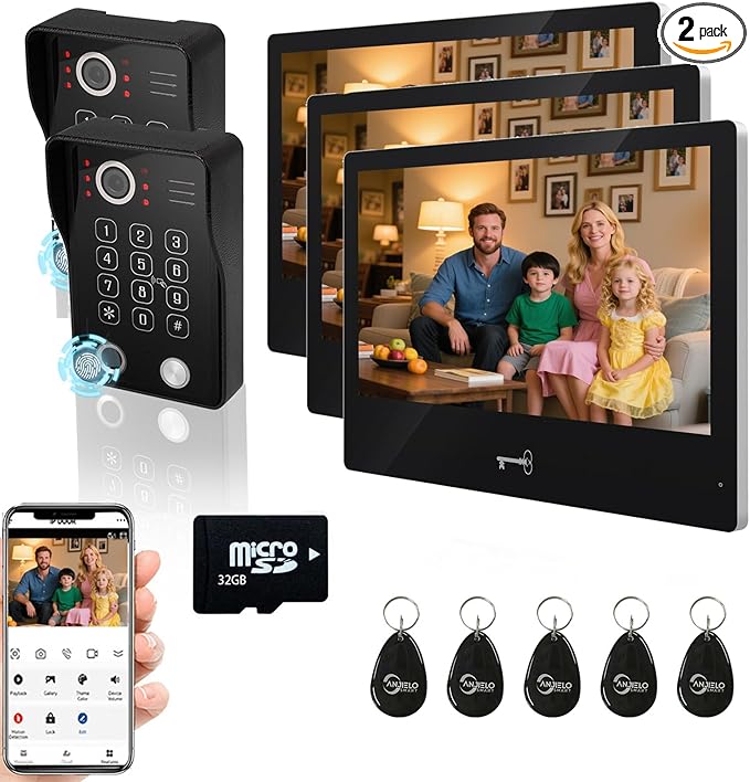 Wired Video Apartment Intercom System,Door Phone Kit,10 Inch Touch Monitor with 1080P HD Doorbell Camera,Supporting Motion Detecting 5 in 1 RFID Card Unlcking for Home Villa (2 Doorbell + 3 Monitor)